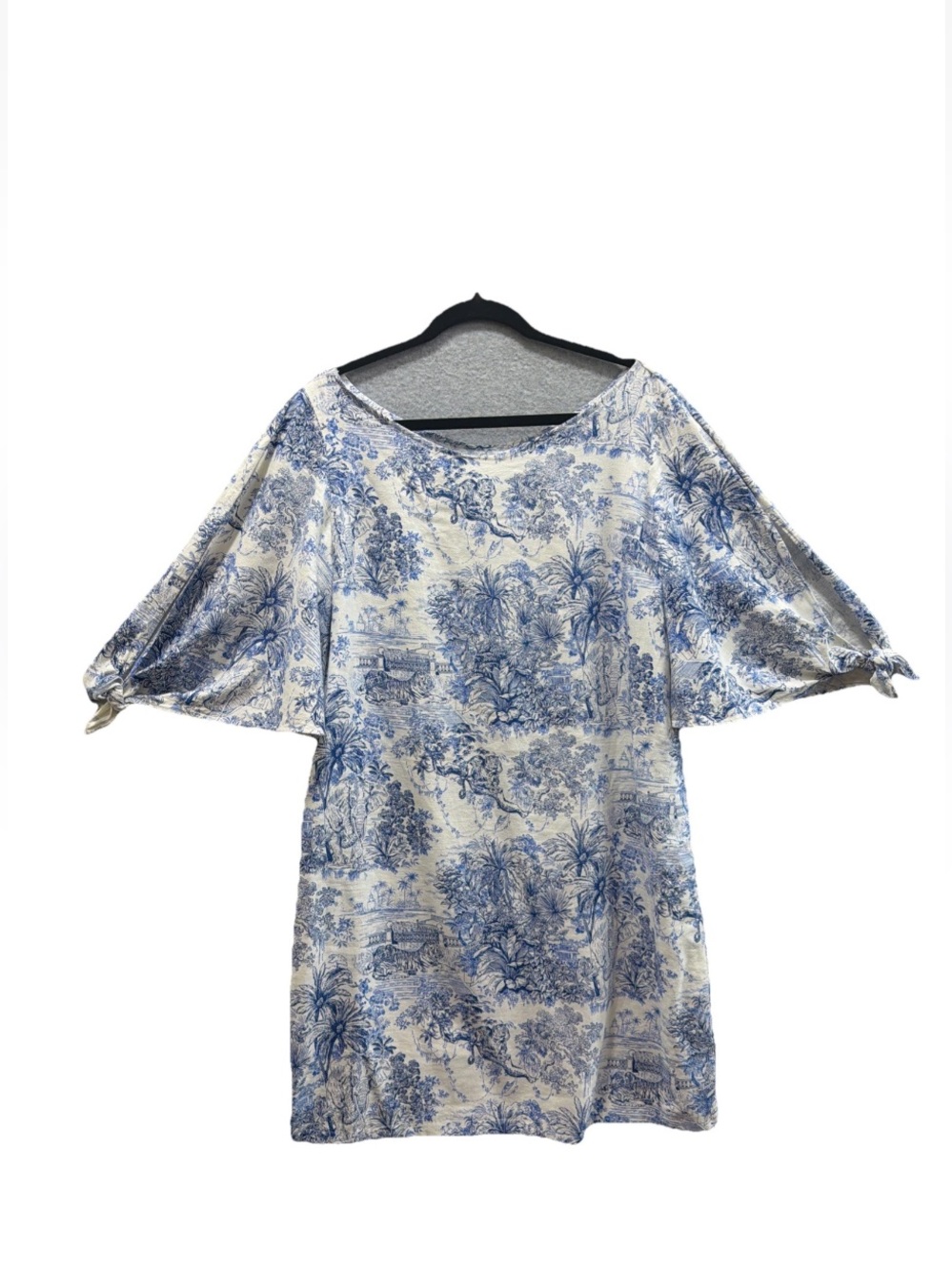 H&M Blue and Cream Toile Print Mini Tunic Linen Blend Dress no size tag 42” Bust - Picture 3 of 9